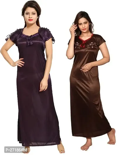 Stylish Multicoloured Satin Nighty For Women Pack Of 2