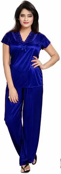 Elegant Blue Satin Solid Nighty Set For Women-thumb1