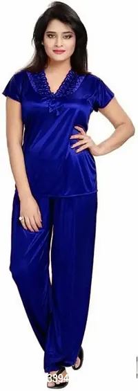 Elegant Blue Satin Solid Nighty Set For Women-thumb2