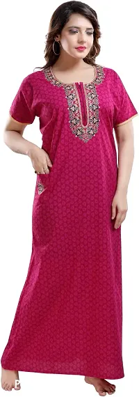 Elegant Pink Cotton Embroidered Nighty For Women-thumb0