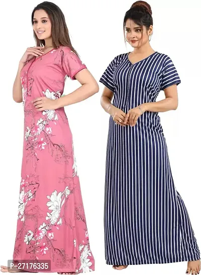 Stylish Multicoloured Satin Nighty For Women Pack Of 2-thumb0