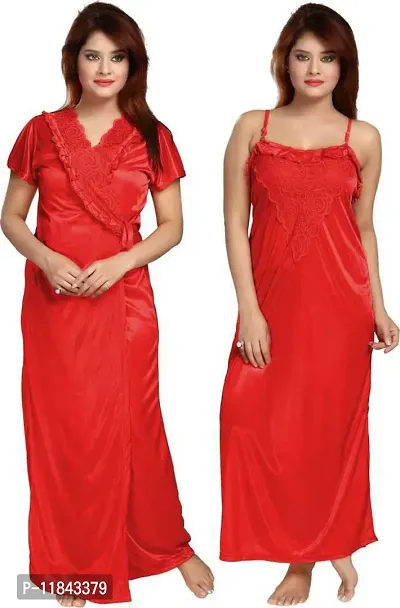 Elegant Red Satin Embroidered Nighty Set For Women