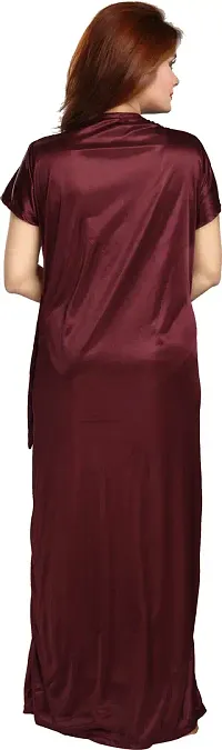 Elegant Maroon Satin Embroidered Nighty Set For Women Pack Of 2-thumb3
