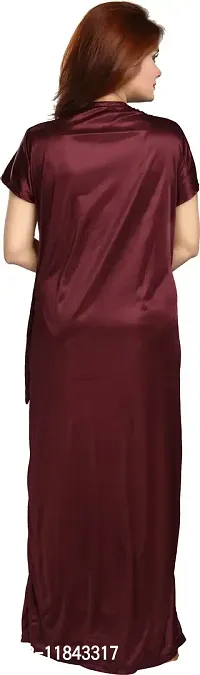 Elegant Maroon Satin Embroidered Nighty Set For Women Pack Of 2-thumb4
