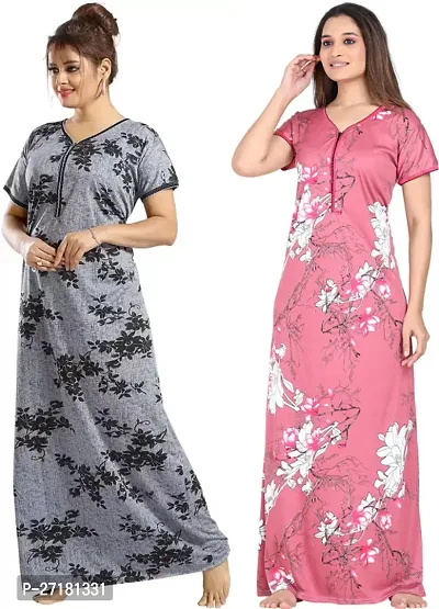 Stylish Multicoloured Satin Nighty For Women Pack Of 2