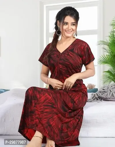 Elegant Red Satin Printed Nighty For Women-thumb0