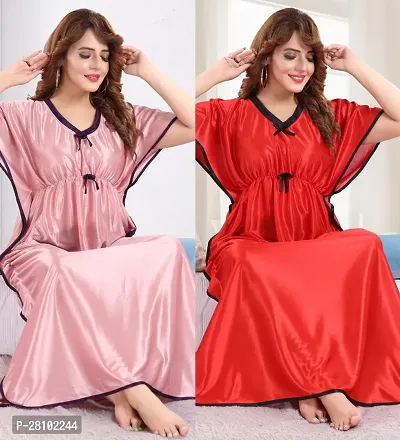 Elegant Silk Blend Solid Night Gown For Women- Pack Of 2-thumb0