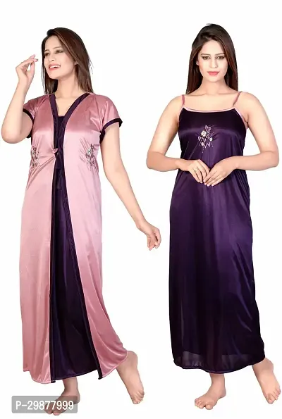 Elegant Purple Satin Printed Nighty With Robe For Women-thumb0