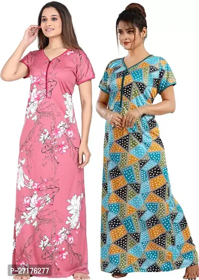 Stylish Multicoloured Satin Nighty For Women Pack Of 2-thumb0