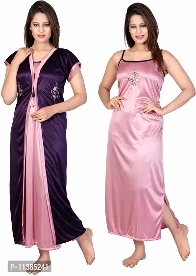 Classy Satin Solid Nighty with Robe For Women-thumb0