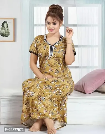 Elegant Yellow Satin Printed Nighty For Women