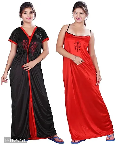 Elegant Multicoloured Satin Solid Nighty Set For Women-thumb0