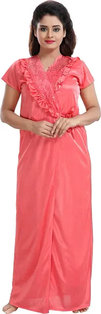 Stylish Peach Satin Solid Nightwear For Women Pack Of 2-thumb3