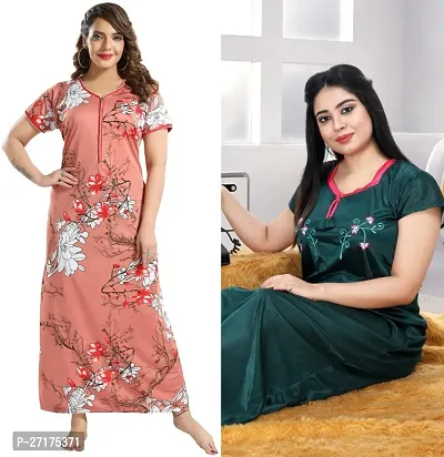 Stylish Multicoloured Satin Nighty For Women Pack Of 2