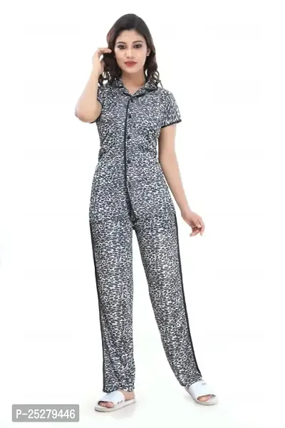 Elegant Grey Animal Print Night Suit Set For Women