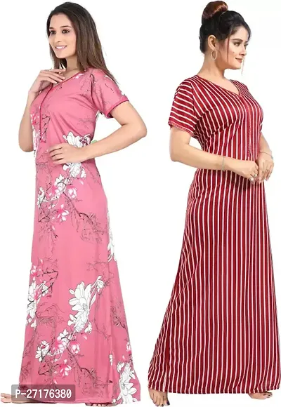 Stylish Multicoloured Satin Nighty For Women Pack Of 2