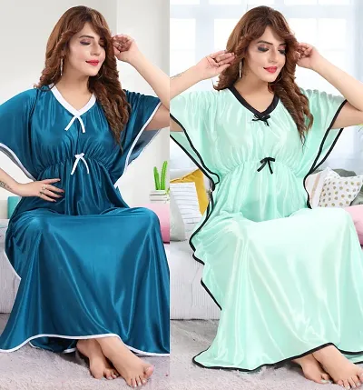 Pack Of 2 Satin Solid Kaftan Nighty Combo