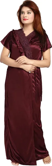 Elegant Maroon Satin Embroidered Nighty Set For Women Pack Of 2-thumb1