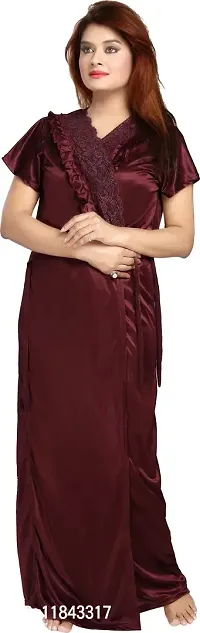 Elegant Maroon Satin Embroidered Nighty Set For Women Pack Of 2-thumb2