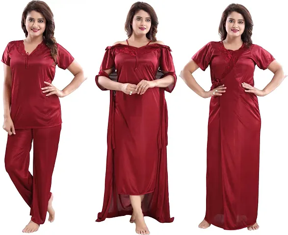 Classy Satin Solid Nighty with Robe For Women(Set Of 4)