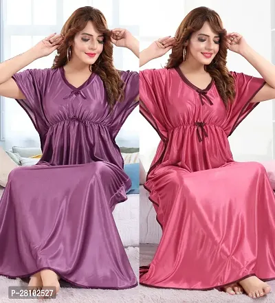 Elegant Silk Blend Solid Night Gown For Women- Pack Of 2-thumb0