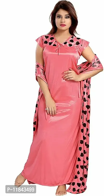 Elegant Pink Satin Printed Nighty Set For Women-thumb4