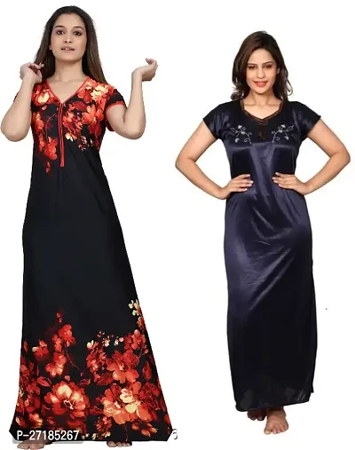 Stylish Multicoloured Satin Nighty For Women Pack Of 2