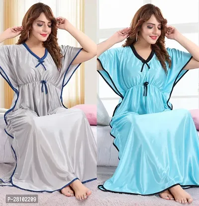 Elegant Silk Blend Solid Night Gown For Women- Pack Of 2-thumb0