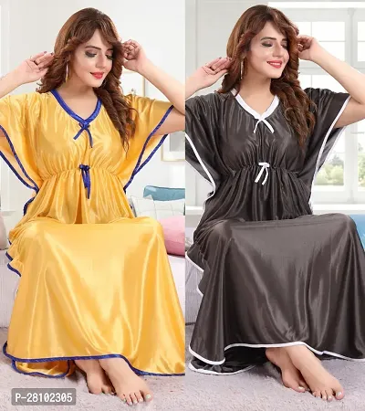 Elegant Silk Blend Solid Night Gown For Women- Pack Of 2-thumb0