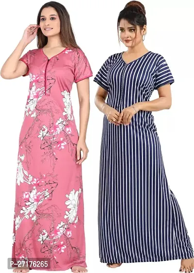 Stylish Multicoloured Satin Nighty For Women Pack Of 2