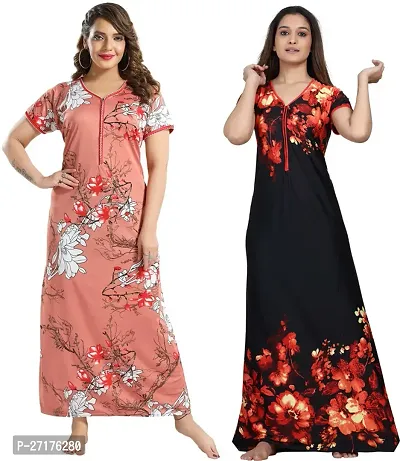 Stylish Multicoloured Satin Nighty For Women Pack Of 2