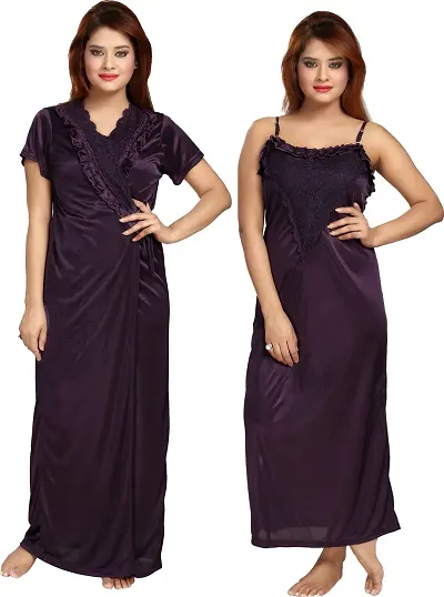 Vivaan Creation Women's Satin Plain/Solid Full Length Nightdress/Nightwear Maxi Nighty with Robe Set of 2 -