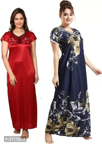 Stylish Multicoloured Satin Nighty For Women Pack Of 2