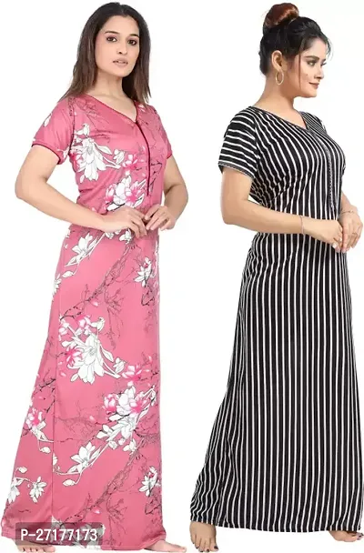 Stylish Multicoloured Satin Nighty For Women Pack Of 2