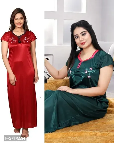 Stylish Multicoloured Satin Nighty For Women Pack Of 2