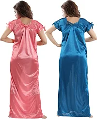 Elegant Multicoloured Satin Solid Nighty Set For Women Pack Of 2-thumb1