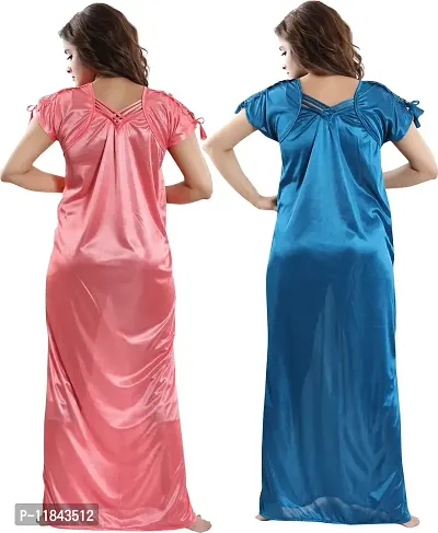 Elegant Multicoloured Satin Solid Nighty Set For Women Pack Of 2-thumb2