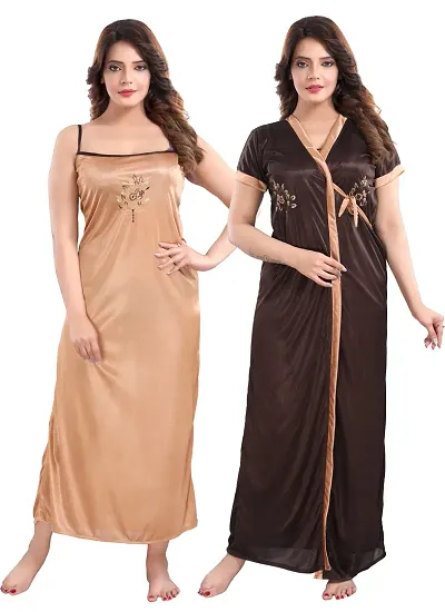 Classy Satin Solid Nighty with Robe For Women