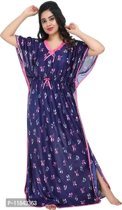 Elegant Blue Satin Printed Nighty For Women-thumb2