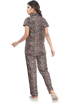 Classy Brown Satin Printed Shirt and Pyjama Set For Women-thumb1