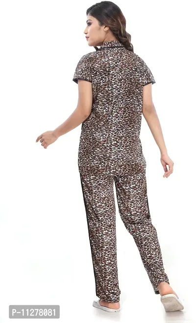 Classy Brown Satin Printed Shirt and Pyjama Set For Women-thumb2