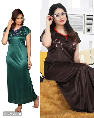 Stylish Multicoloured Satin Nighty For Women Pack Of 2
