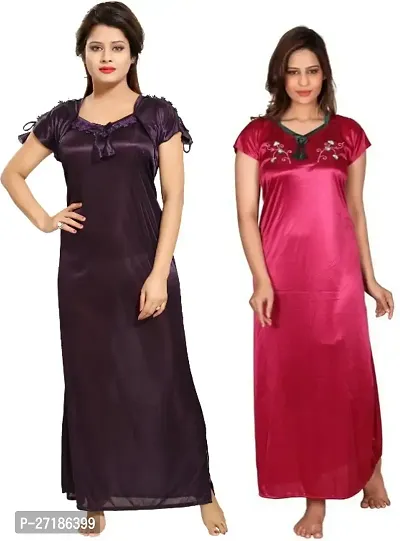 Stylish Multicoloured Satin Nighty For Women Pack Of 2