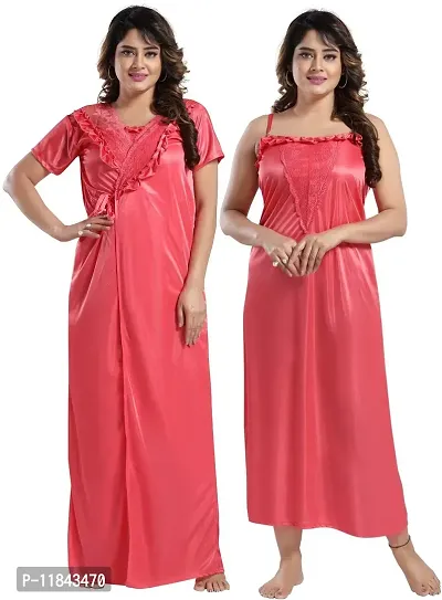 Elegant Pink Satin Solid Nighty Set For Women-thumb0