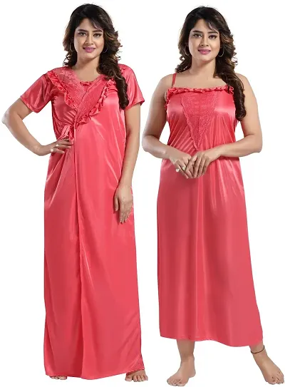 Elegant Satin Solid Nighty With Robe Set For Women