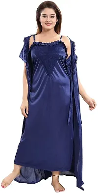 Elegant Blue Satin Solid Nighty Set For Women-thumb3