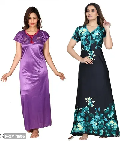 Stylish Multicoloured Satin Nighty For Women Pack Of 2