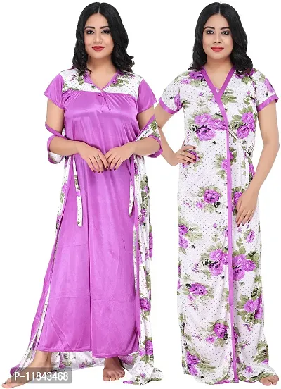 Elegant Purple Satin Printed Nighty Set For Women
