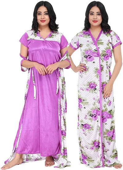 Satin Printed 2-IN-1 Night Gown With Robe