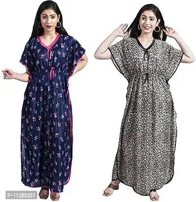 Classy Satin Printed Kaftan Nighty For Women Pack Of 2